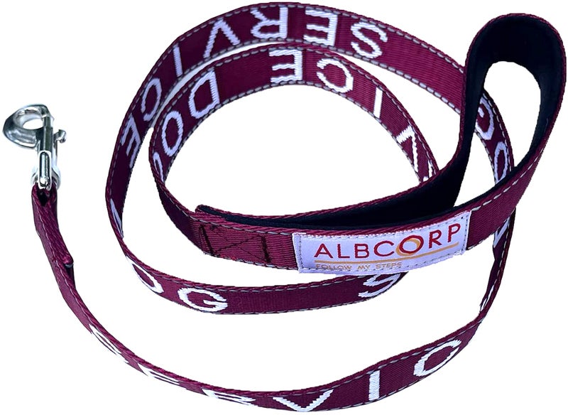 Albcorp Service Dog Leash - Embroidered- with Padded Neoprene Handle and Reflective Threads, 4 Feet, for Harnesses, Vests or Collars, Maroon - Image 1